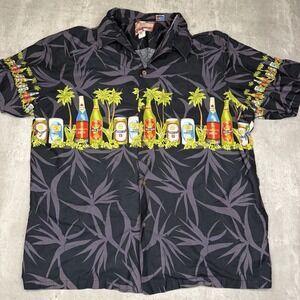 Vintage RJC Hawaiian Shirt Mens XL Black Tropical Island Beer Made In USA AOP